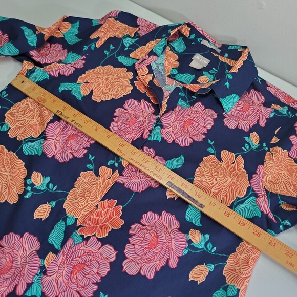 Chico’s Women Shirt Size 2 US 12 Floral Button Up 3/4 Sleeve Navy Orange Pink - Picture 9 of 12